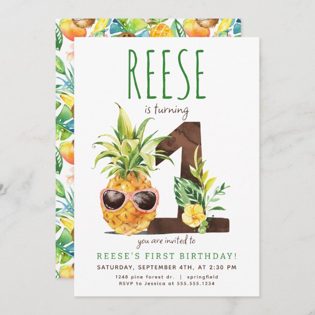 Tropical Pineapple First Birthday Invitation (Front/Back)