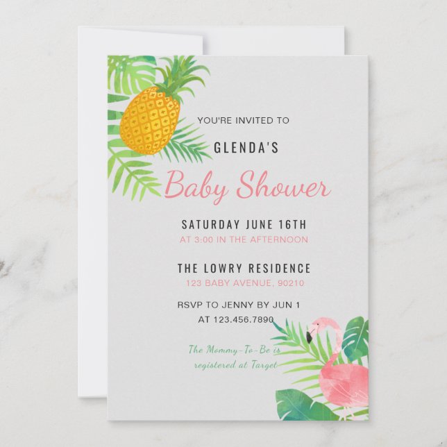 Tropical Pineapple Flamingo Baby Shower invitation (Front)