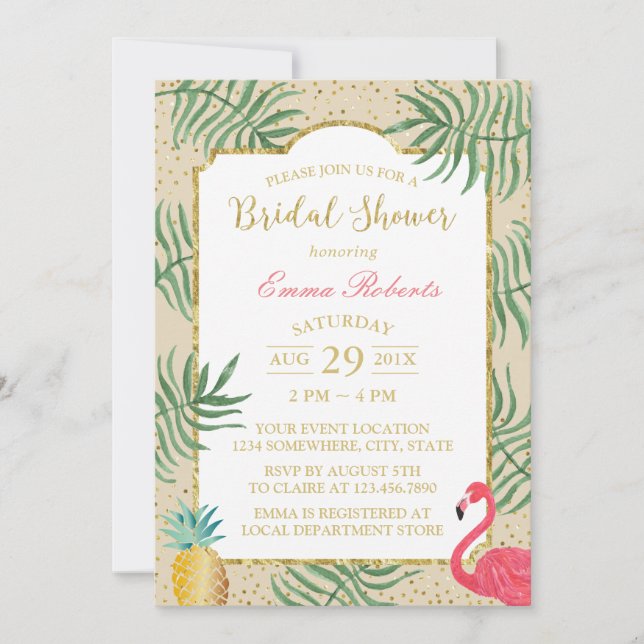 Tropical Pineapple & Flamingo Beach Bridal Shower Invitation (Front)