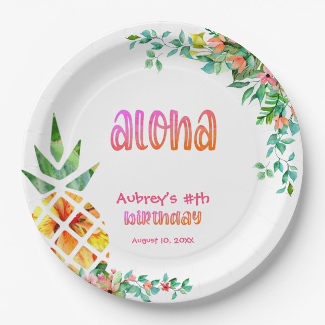 Tropical Pineapple Floral Aloha ANY AGE Birthday Paper Plate (Front)