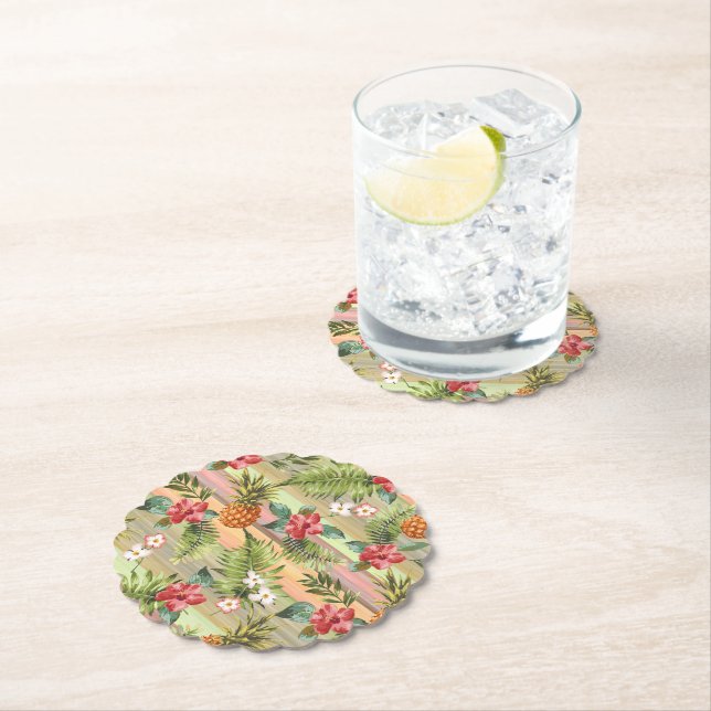 Tropical Pineapple Floral Botanical Leaves Pattern Paper Coaster (Insitu)