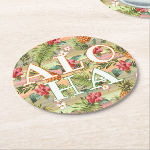 Tropical Pineapple Floral Botanical Leaves Pattern Round Paper Coaster