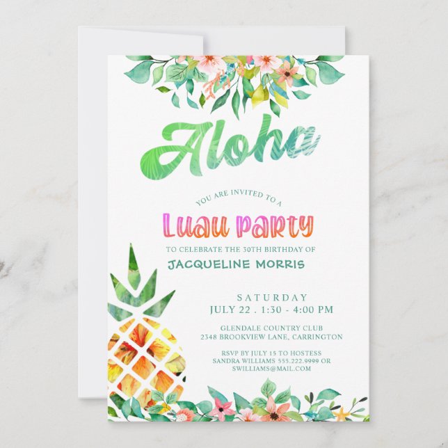 Tropical Pineapple Floral Luau 30th Birthday Invitation (Front)