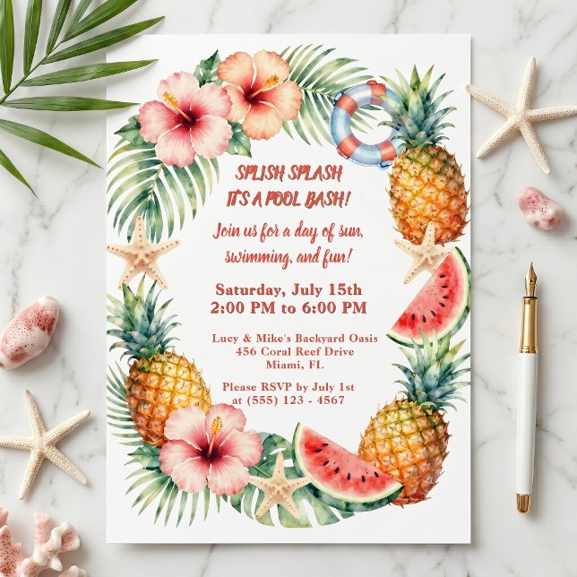 Tropical Pineapple Floral Summer Pool Party Invitation (Creator Uploaded)