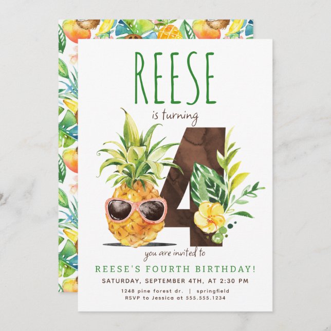 Tropical Pineapple Fourth Birthday Invitation (Front/Back)