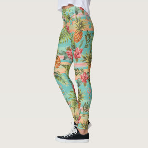 Tropical Pineapple Fruits Floral Stripes Pattern Leggings