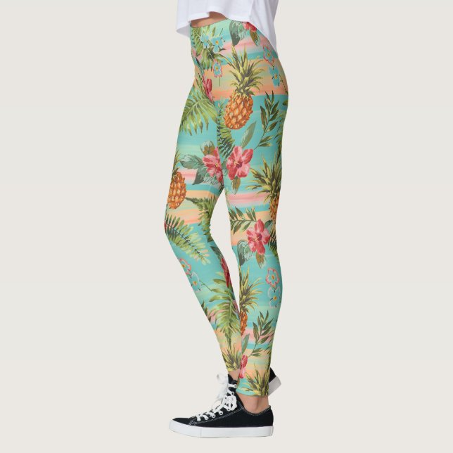 Tropical Pineapple Fruits Floral Stripes Pattern Leggings (Left)