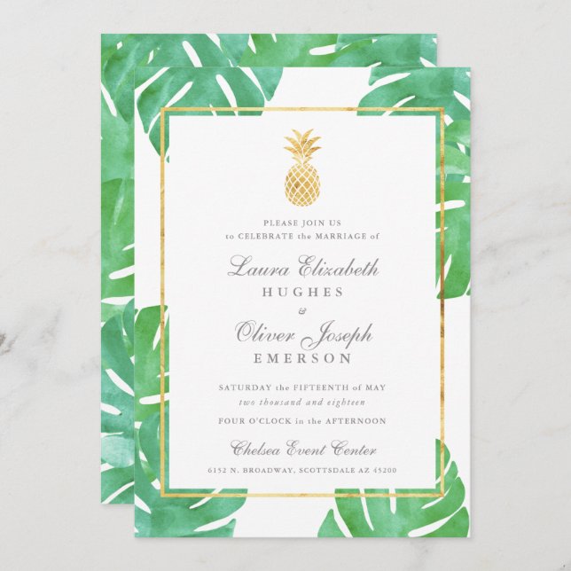 Tropical Pineapple Gold Wedding Invitations (Front/Back)