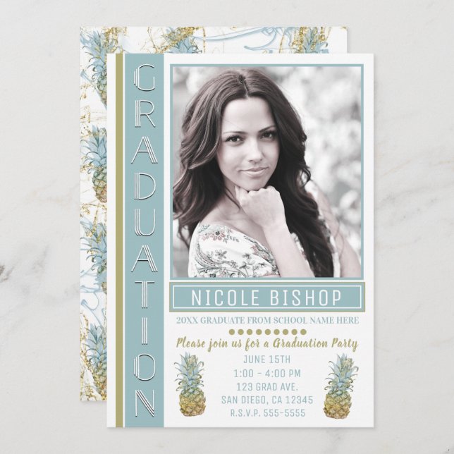Tropical Pineapple Graduation Party Graduate Photo Invitation (Front/Back)