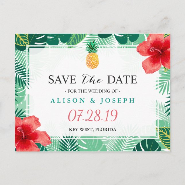Tropical Pineapple Hawaiian Hibiscus Save the Date Announcement Postcard (Front)