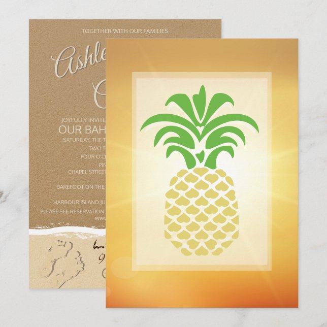 Tropical Pineapple Hearts Wedding Invitations (Front/Back)
