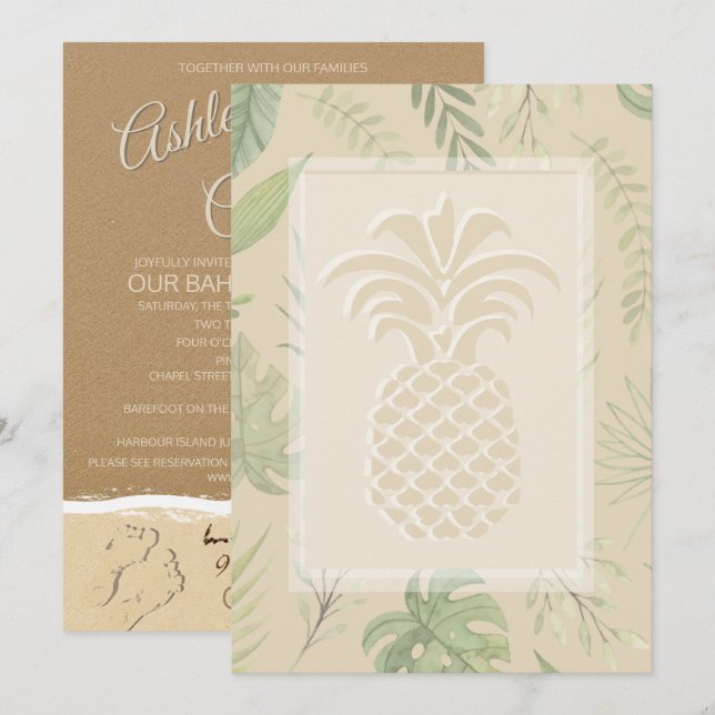 Tropical Pineapple Hearts Wedding Invitations (Front/Back)