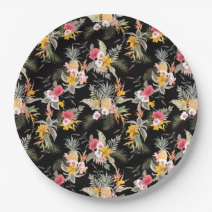 Tropical Pineapple Hibiscus Foliage on Black Paper Plate
