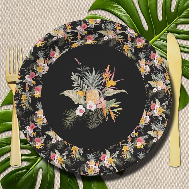 Tropical Pineapple Hibiscus Foliage on Black Paper Plate (Tropical Pineapple Hibiscus Foliage on Black Paper Plates)