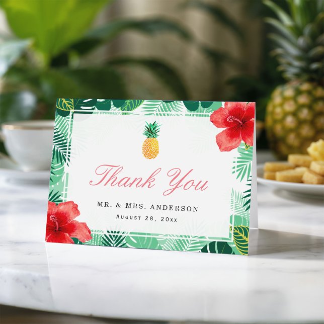 Tropical Pineapple Hibiscus Leaves Thank You Card (Creator Uploaded)