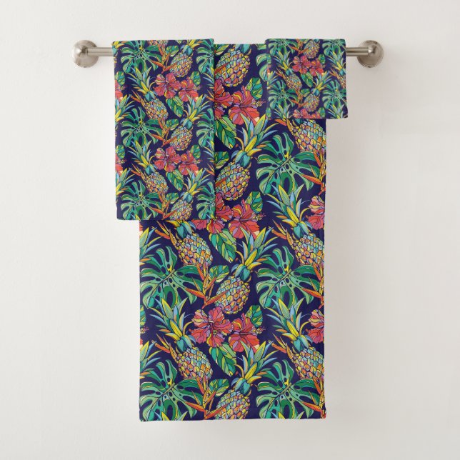 Tropical Pineapple Hibiscus Pattern Bath Towel Set (Insitu)