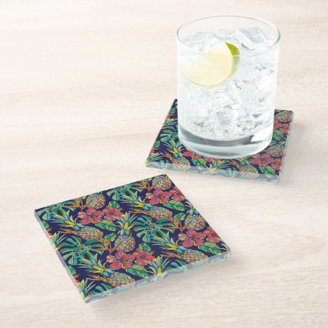 Tropical Pineapple Hibiscus Pattern Glass Coaster (Angled)