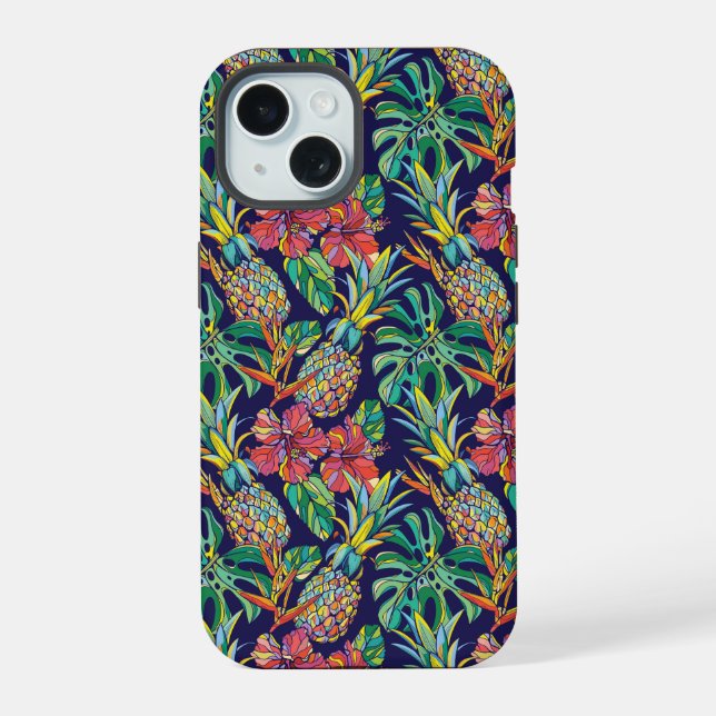Tropical Pineapple Hibiscus Pattern iPhone 15 Case (Back)
