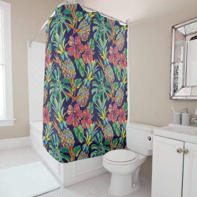 Tropical Pineapple Hibiscus Pattern Shower Curtain (In Situ)
