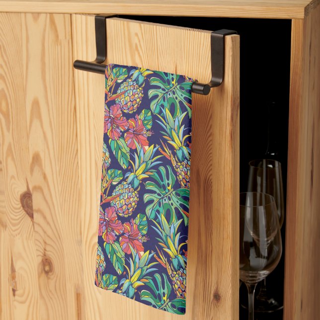 Tropical Pineapple Hibiscus Pattern Tea Towel (Thirds Fold)