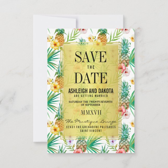 Tropical Pineapple & Hibiscus Save The Date (Front)