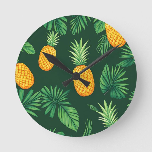 Tropical Pineapple Leaves Pattern Round Clock (Front)