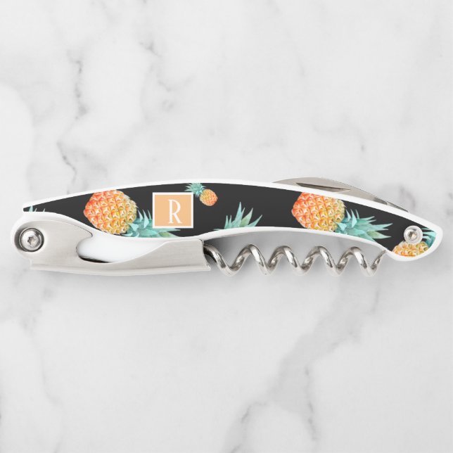 Tropical Pineapple Monogram Bottle Black Corkscrew (Front)
