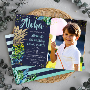 Tropical Pineapple Navy Blue Luau Birthday Photo Invitation