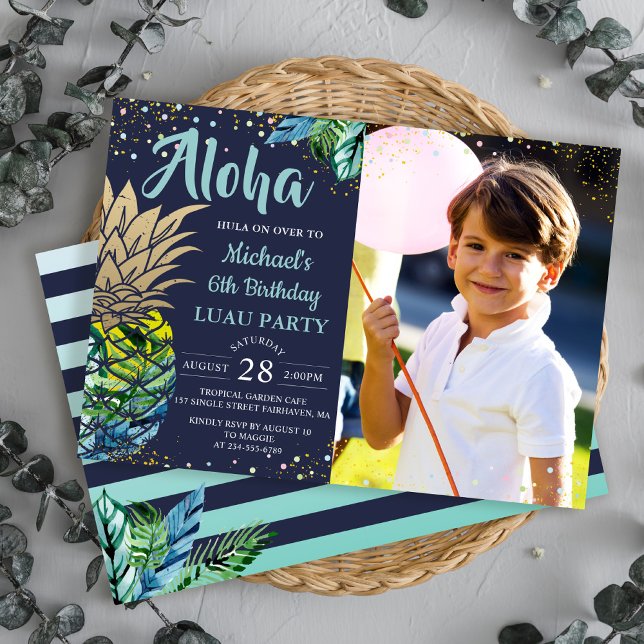 Tropical Pineapple Navy Blue Luau Birthday Photo Invitation (Creator Uploaded)
