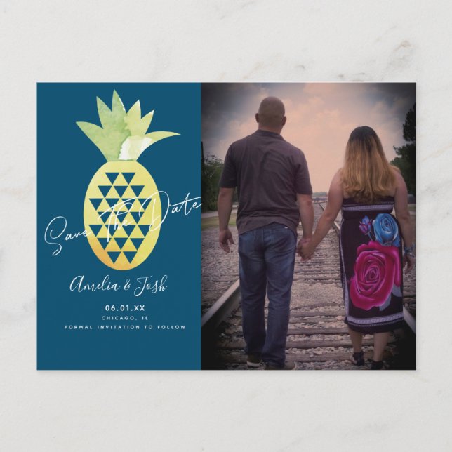 Tropical Pineapple Navy Save the Date Photo Postcard (Front)