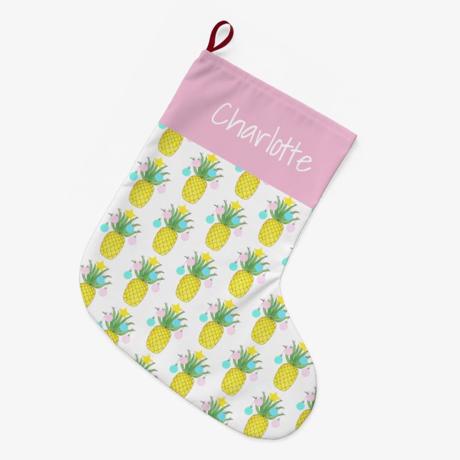 Tropical Pineapple Pastel Name Large Christmas Stocking (Front (Hanging))