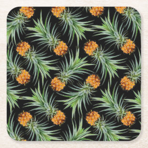 Tropical Pineapple Pattern on Black Square Paper Coaster