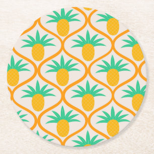 Tropical Pineapple Pattern on Orange Ogee  Round Paper Coaster