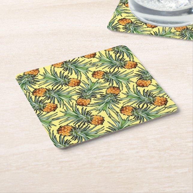 Tropical Pineapple Pattern on Yellow Square Paper Coaster (Angled)