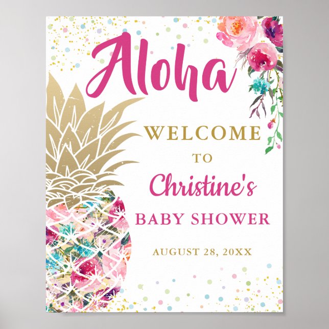 Tropical Pineapple Pink Floral Baby Shower Welcome Poster (Front)