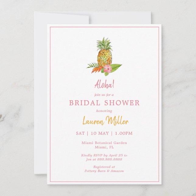Tropical Pineapple Pink floral Bridal  Invitation (Front)