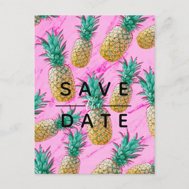 Tropical Pineapple Pink Marble Save the Date Announcement Postcard (Front)
