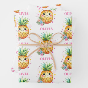 Tropical Pineapple Pink Name Girls Birthday Party Wrapping Paper Sheet