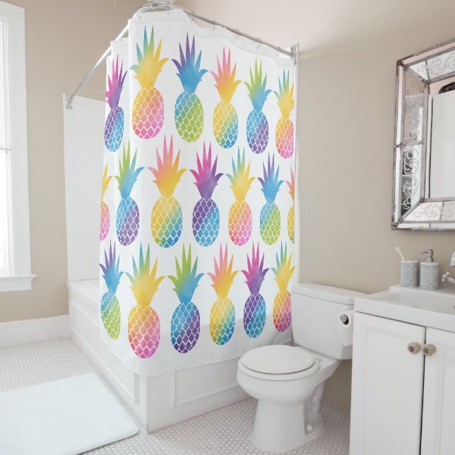 Tropical Pineapple Rainbow Watercolor Pattern Shower Curtain (In Situ)