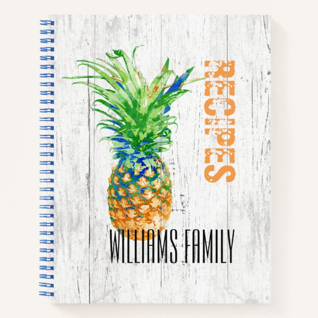 Tropical Pineapple Rustic Family Monogram Recipe Notebook (Front)