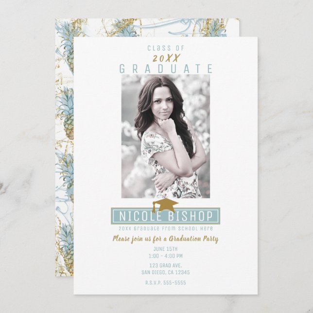 Tropical Pineapple Splash Graduation Party  Invitation (Front/Back)
