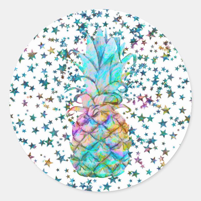 Tropical Pineapple Stars Colour Splash Luau Party Classic Round Sticker (Front)