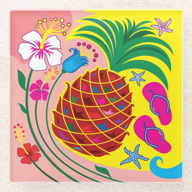 Tropical Pineapple Summer Glass Coaster (Front)