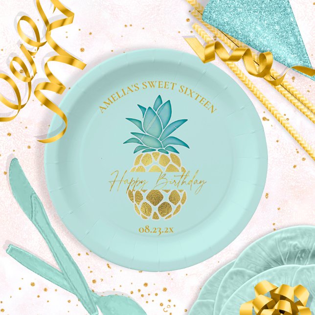 Tropical Pineapple Sweet 16 Happy Birthday ID922 Paper Plate (Creator Uploaded)