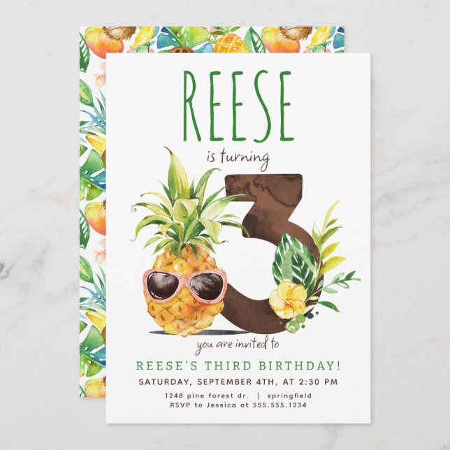 Tropical Pineapple Third Birthday Invitation (Front/Back)