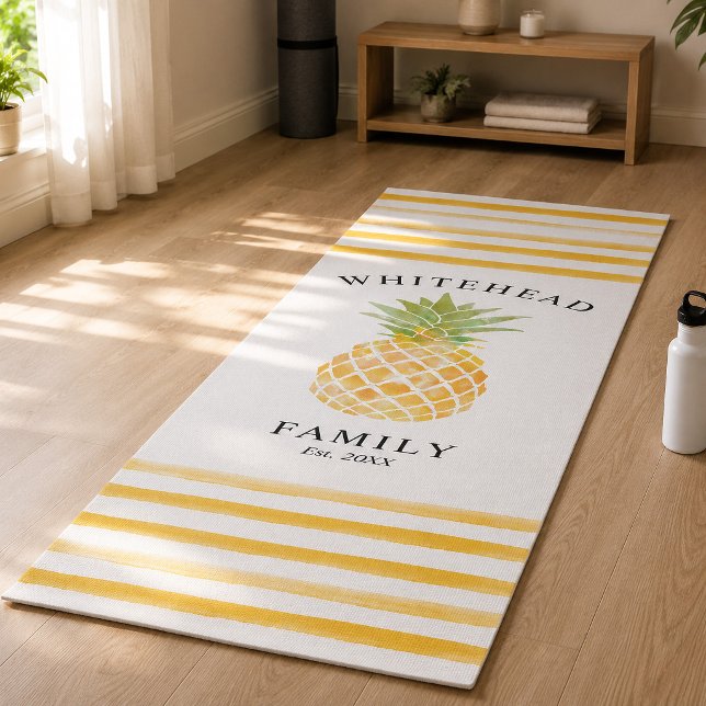 Tropical Pineapple Watercolor Pattern Stripe Yoga Mat (Bring a refreshing splash of island paradise to your fitness routine with this tropical yoga mat.)