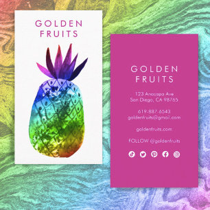 Tropical Pineapple Watercolor Pink Purple Rainbow  Business Card