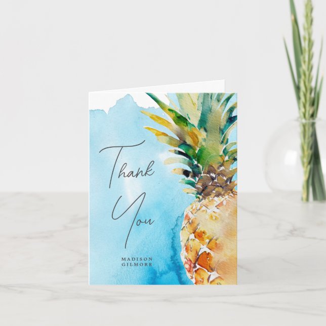 Tropical Pineapple Watercolor Wedding Bridal Thank You Card (Front)