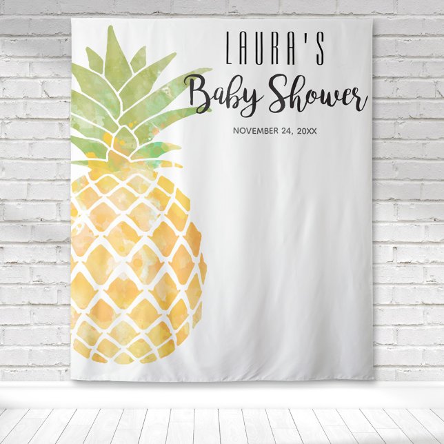 Tropical Pineapple Watercolor Yellow Baby Shower Tapestry (Pineapple baby shower with a large watercolor pineapple stencil on the side for a tropical backdrop.)