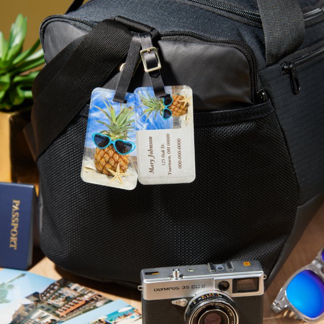 Tropical Pineapple Wearing Sunglasses Luggage Tag (Front & Back)